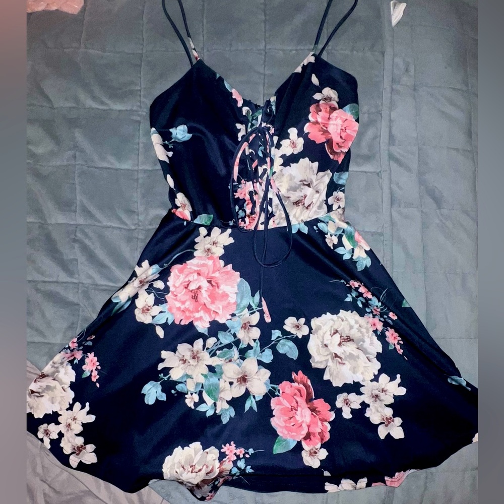 Navy Blue Floral A-Line Mini Dress